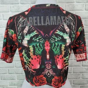 Labellamafia‎ Womens S Rose Tiger Butterfly Jeweled Crop Top Short Sleeve Shirt